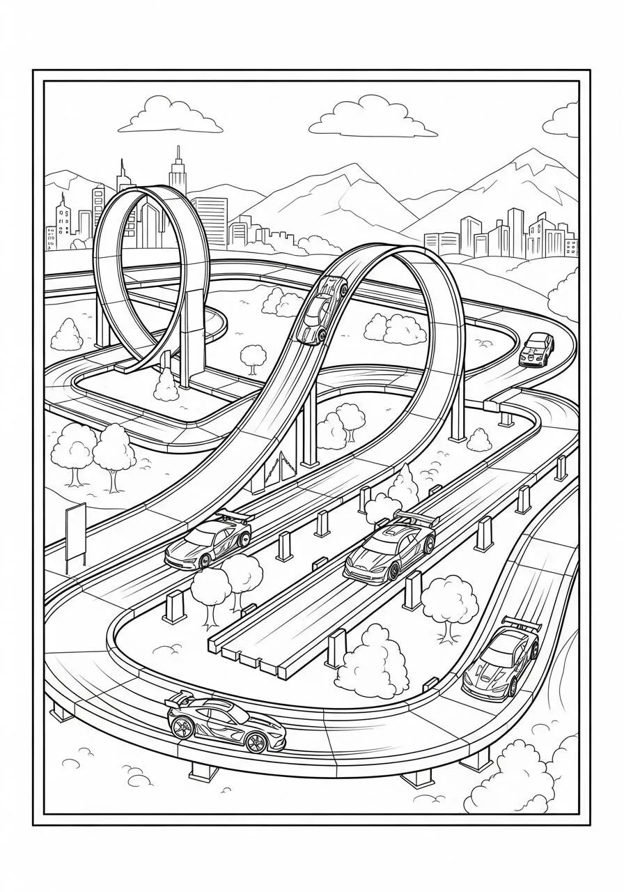 Desenho de Hot Wheels com Pista de Looping para Colorir