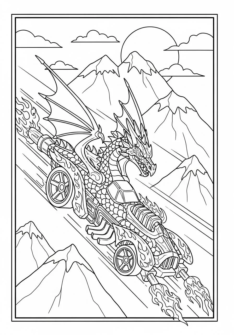 Desenho de Hot Wheels Dragão em Corrida para Colorir