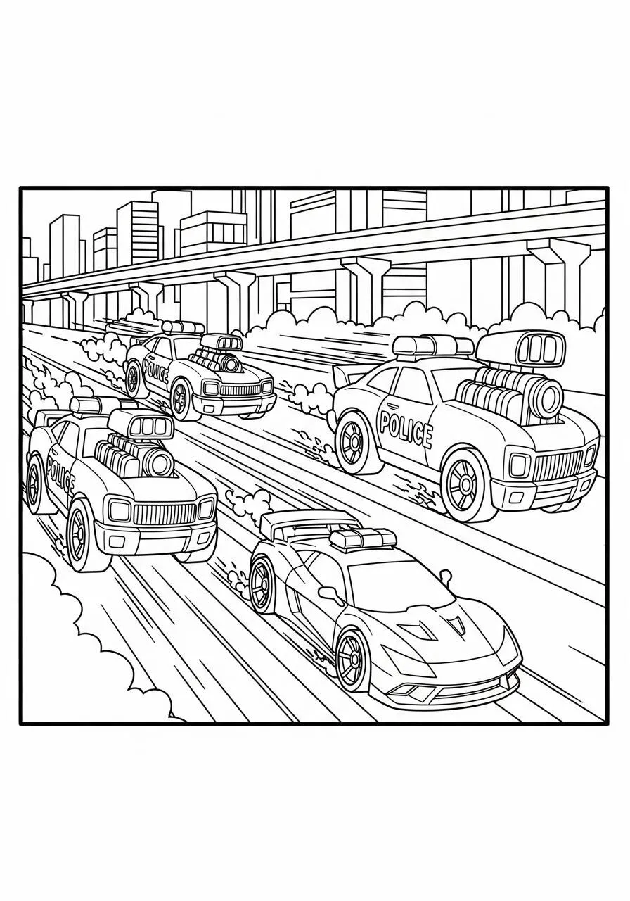 Desenho de Hot Wheels Carros de Polícia em Alta Velocidade para Colorir