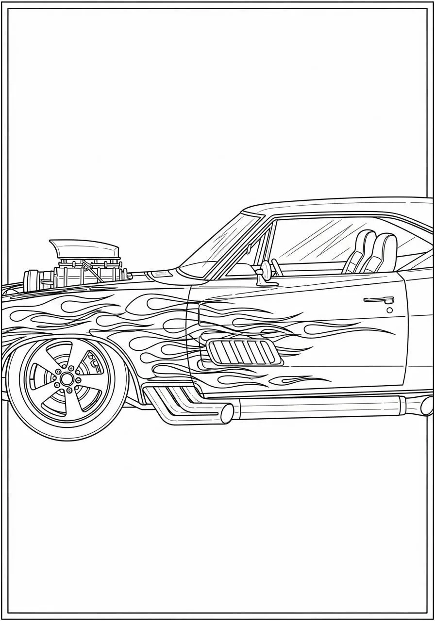 Desenho de Hot Wheels Carro Clássico com Chamas para Colorir