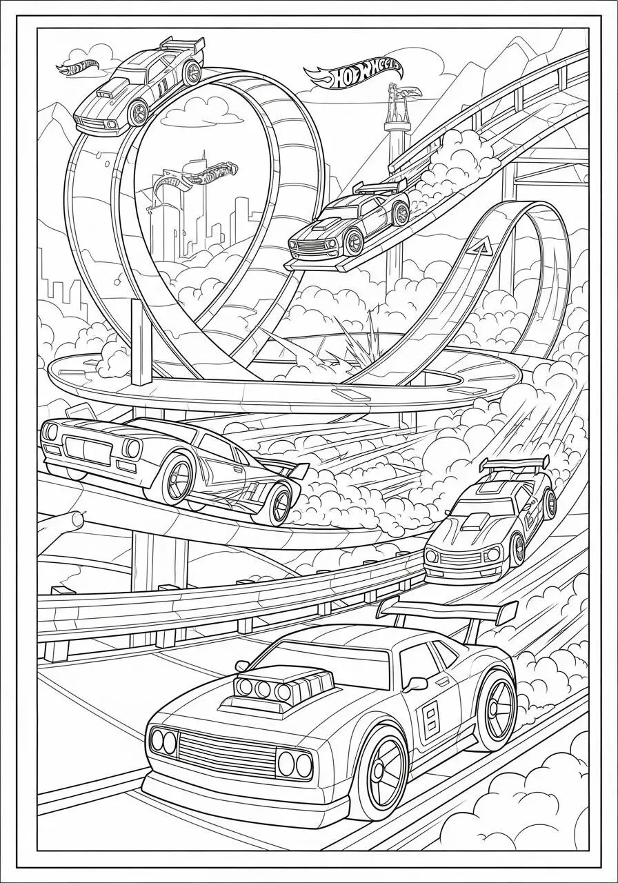 Hot Wheels Cars on Looping Track Coloring Page