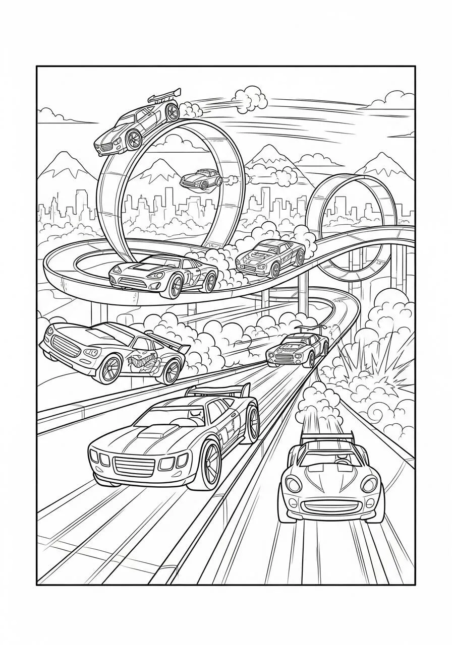Hot Wheels Race on Loop Track Coloring Page