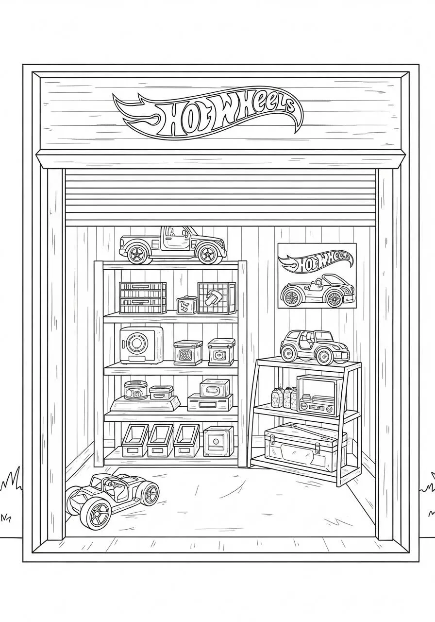 Hot Wheels with Garage and Cars Coloring Page