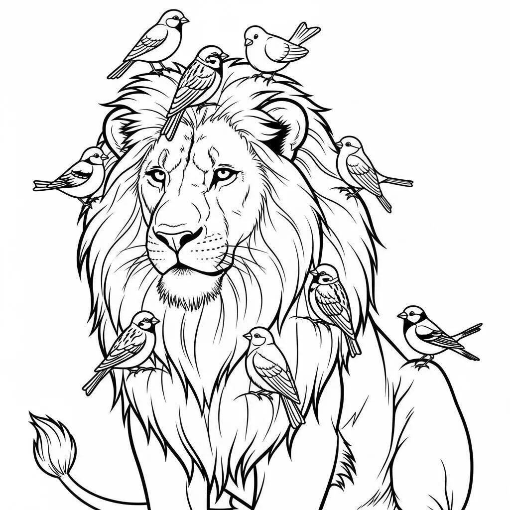 Página para colorear de león con pájaros