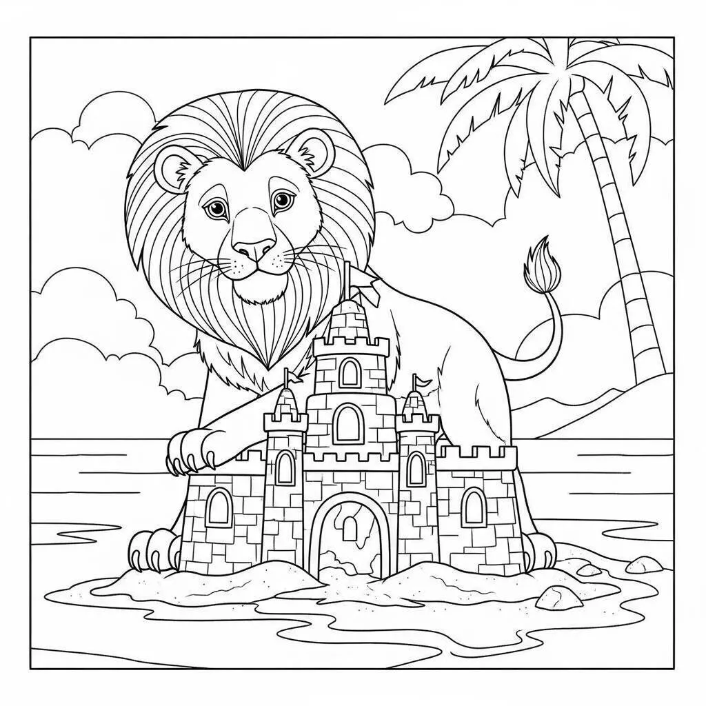 León construyendo un castillo de arena para colorear