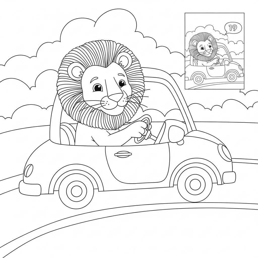 León conduciendo un coche Página para colorear