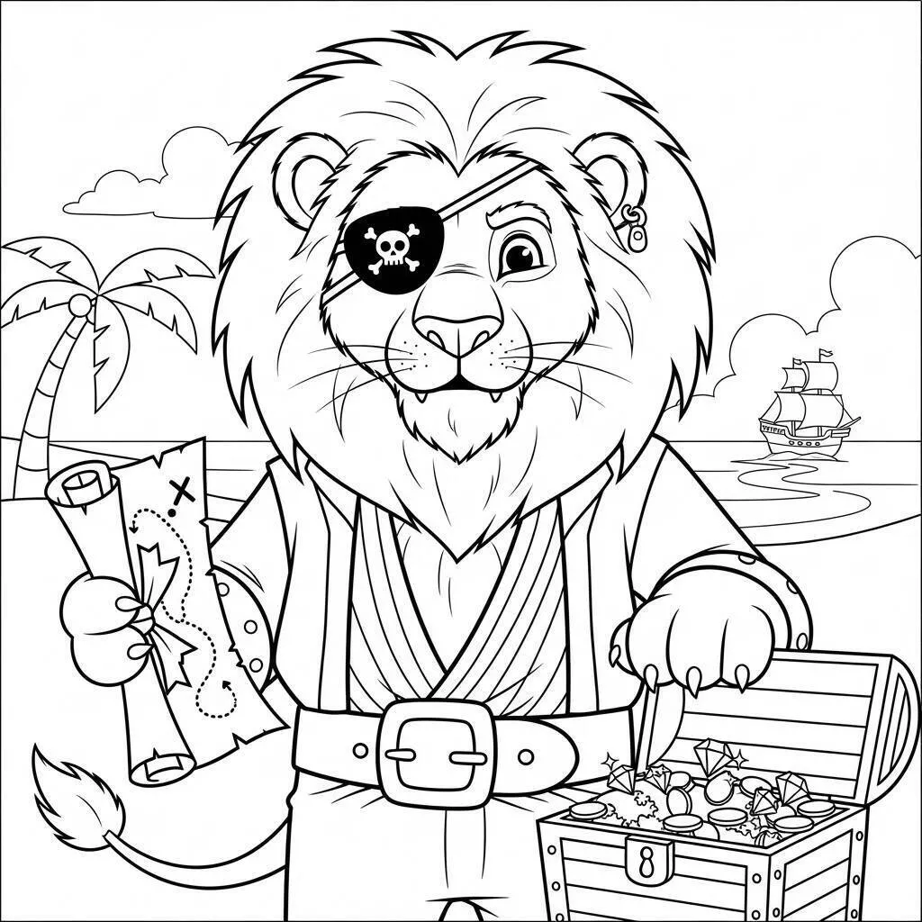 Página para colorear de león pirata con tesoro
