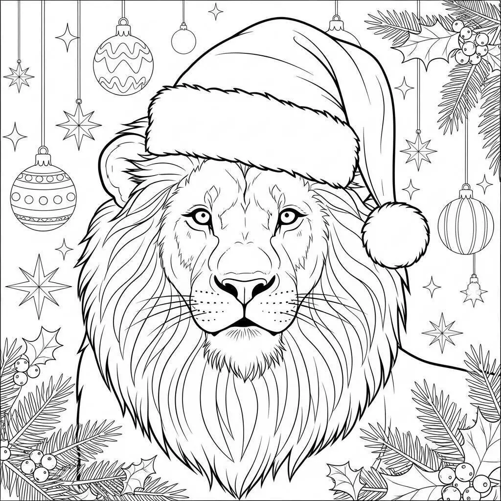 León con gorro navideño para colorear