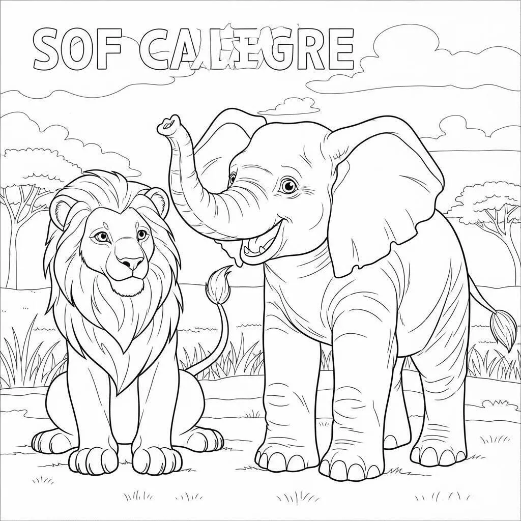 Página para colorear del amigo león y elefante