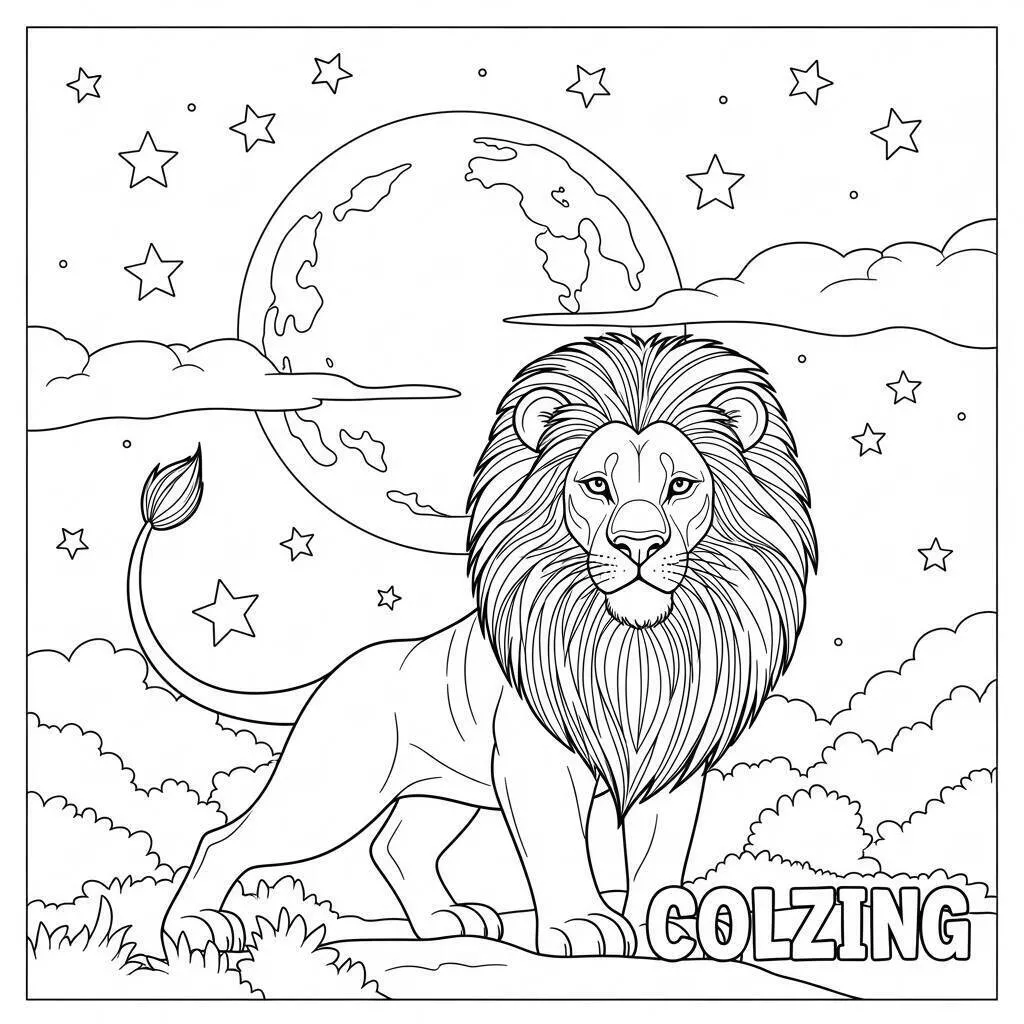 León majestuoso bajo la luna para colorear