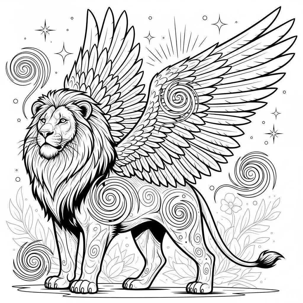 Página para colorear de león alado con patrones