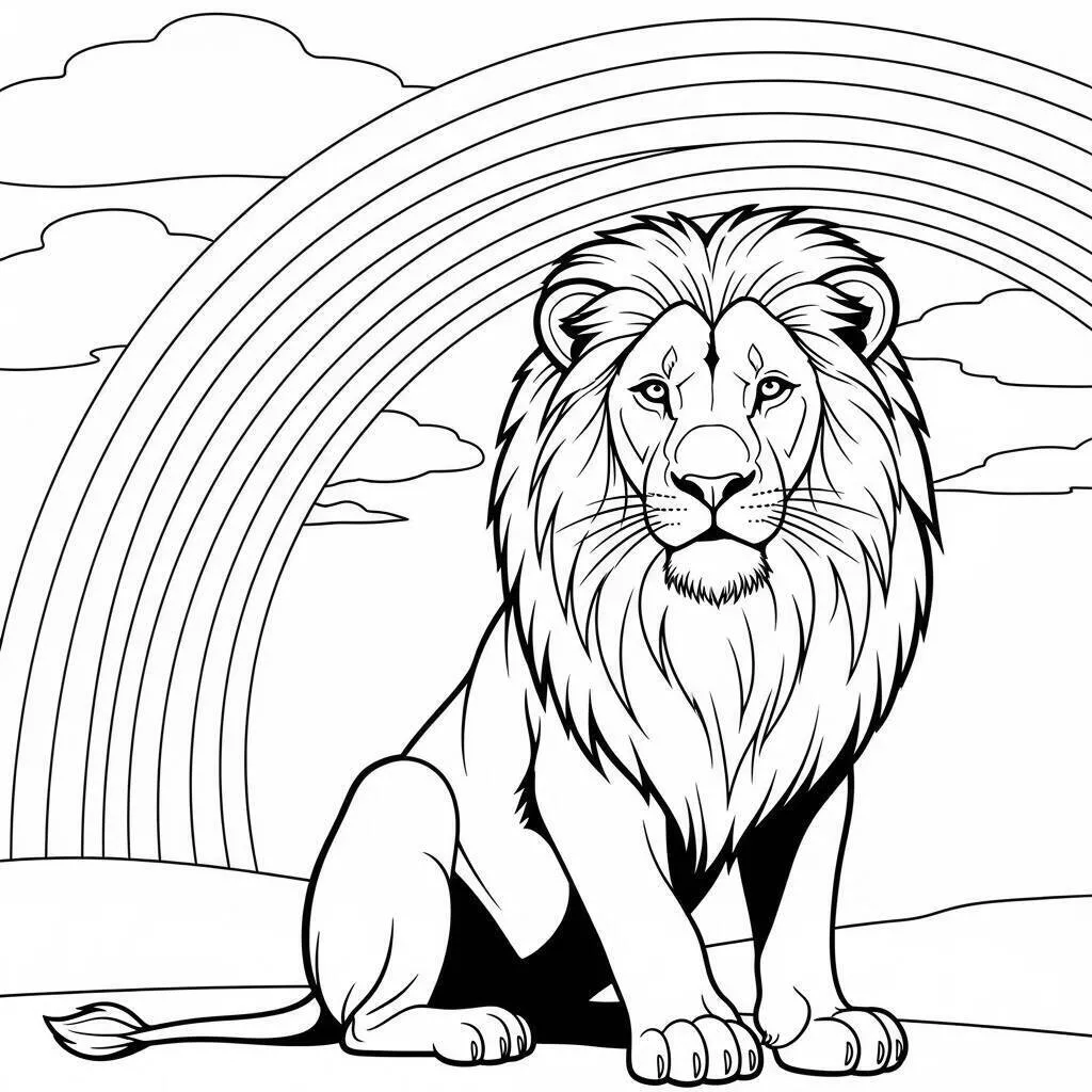 León majestuoso con arcoíris para colorear