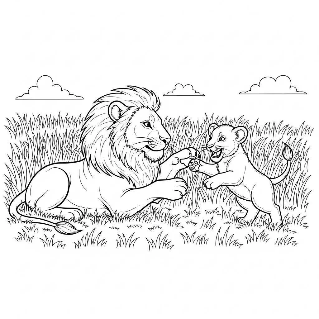 León jugando con su cachorro Página para colorear