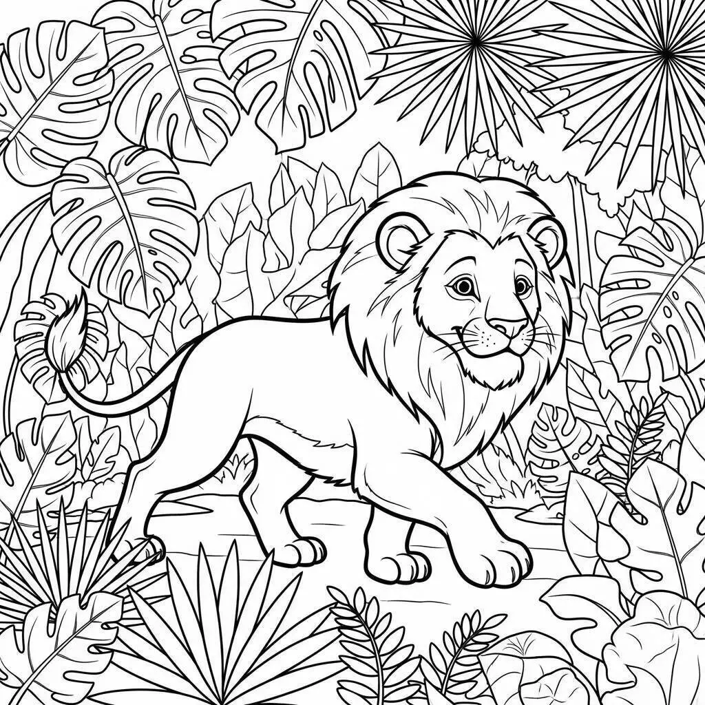 León caminando por el bosque Página para colorear