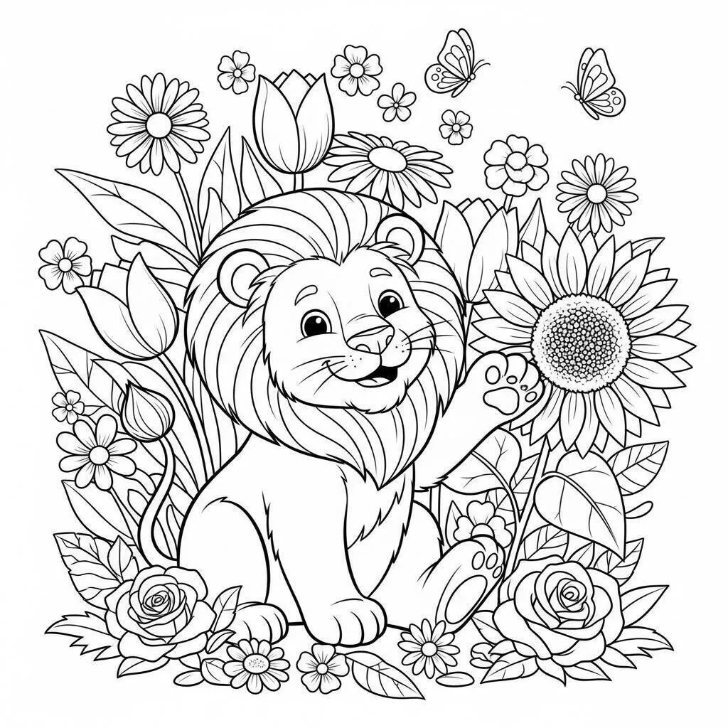 León sonriente entre flores Página para colorear