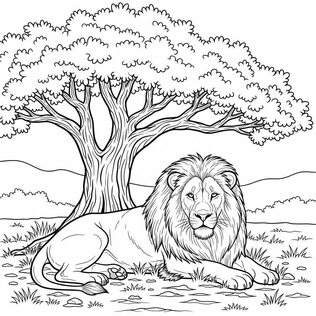 León relajándose bajo el árbol Página para colorear