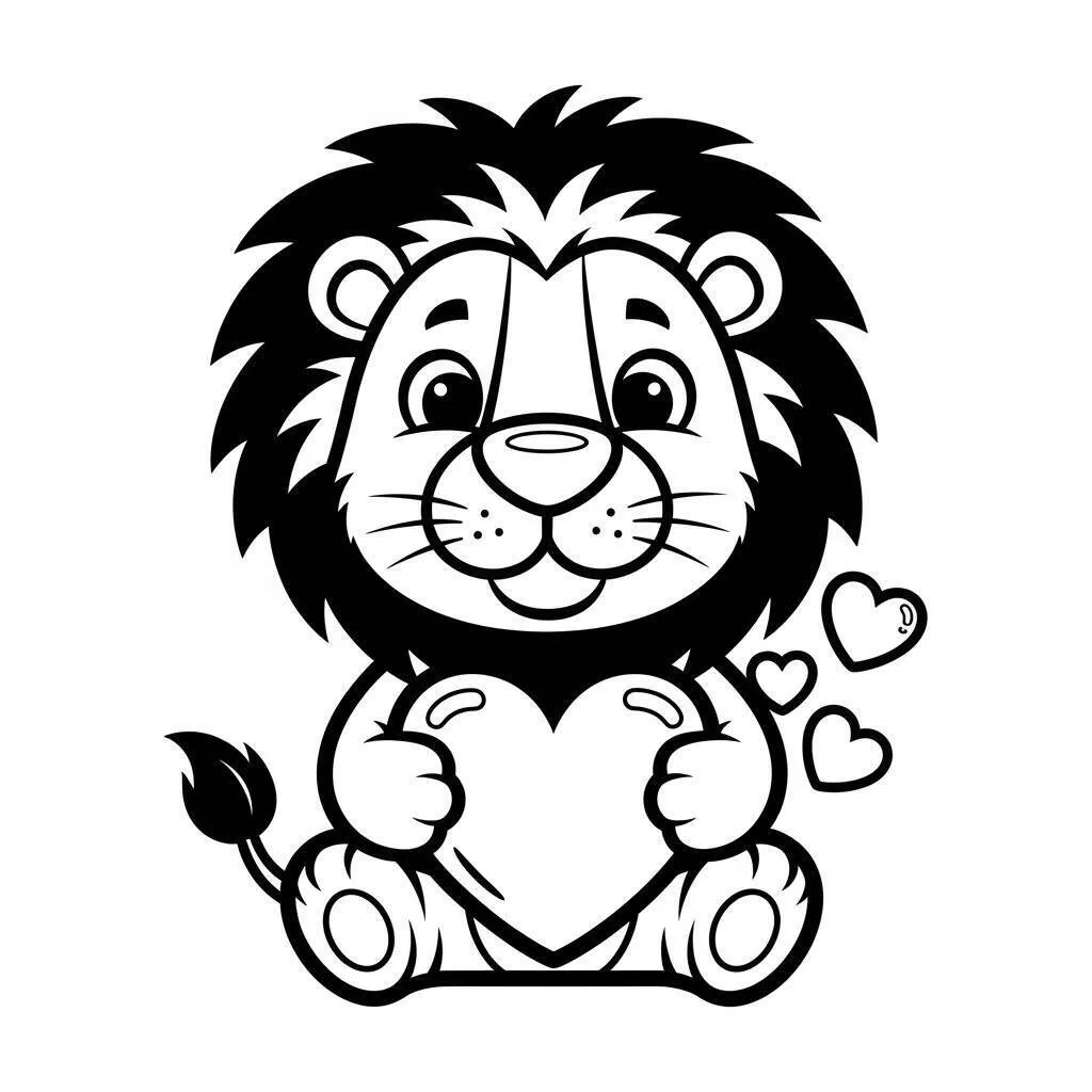 Página para colorear de león kawaii con corazón