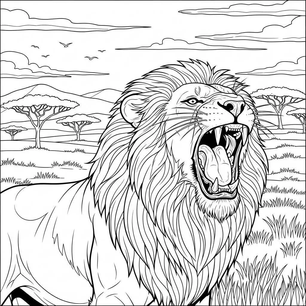 León rugiendo en la sabana para colorear