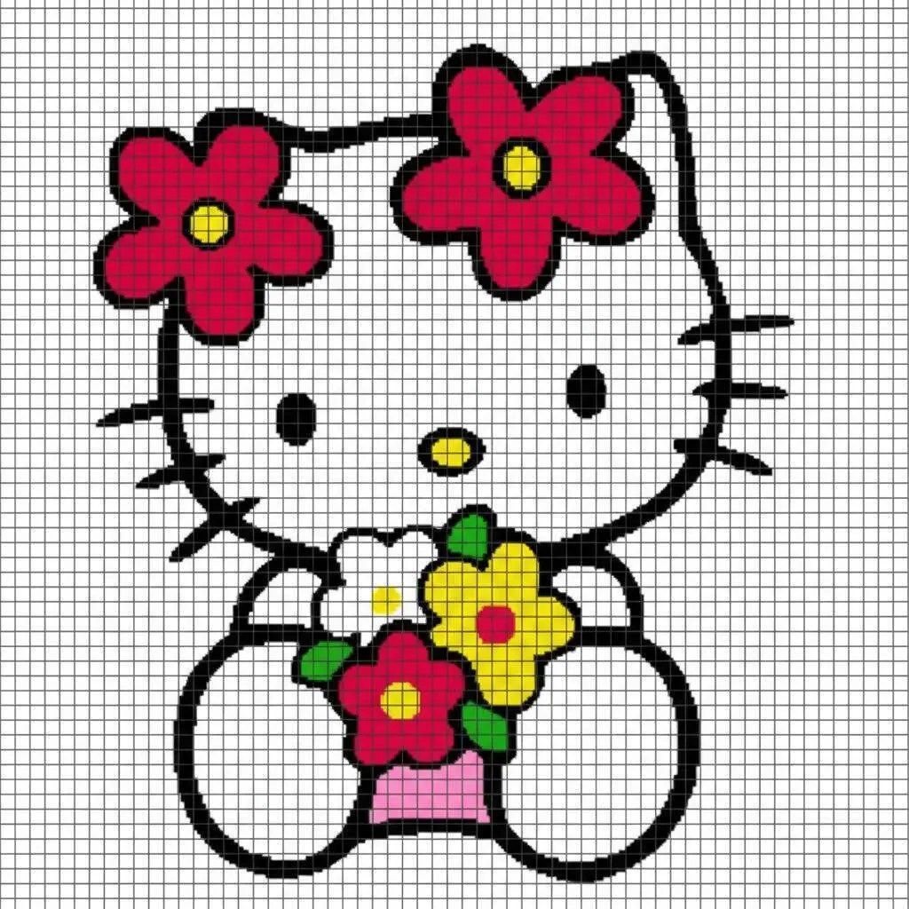 Pixel Art da Hello Kitty com Flores Coloridas