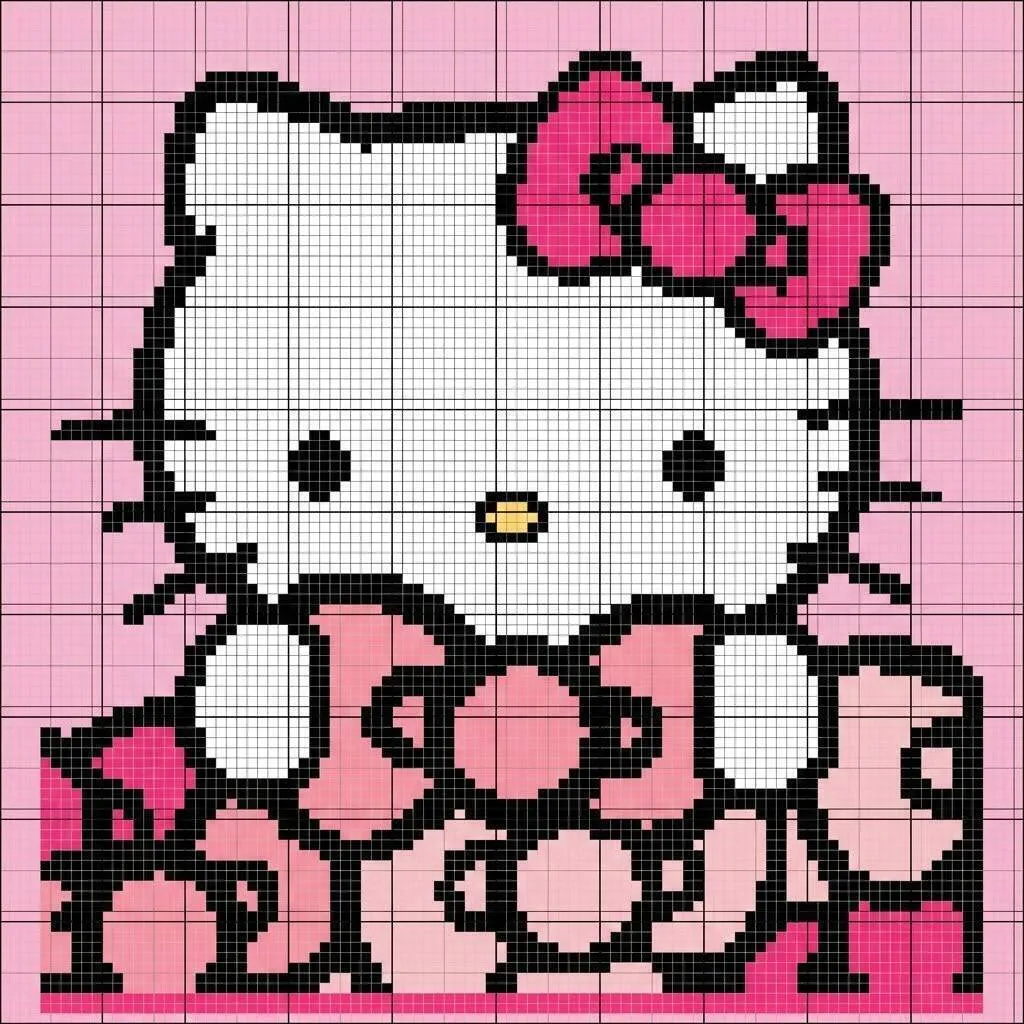 Pixel Art de hola gatito con adorable lazo rosa