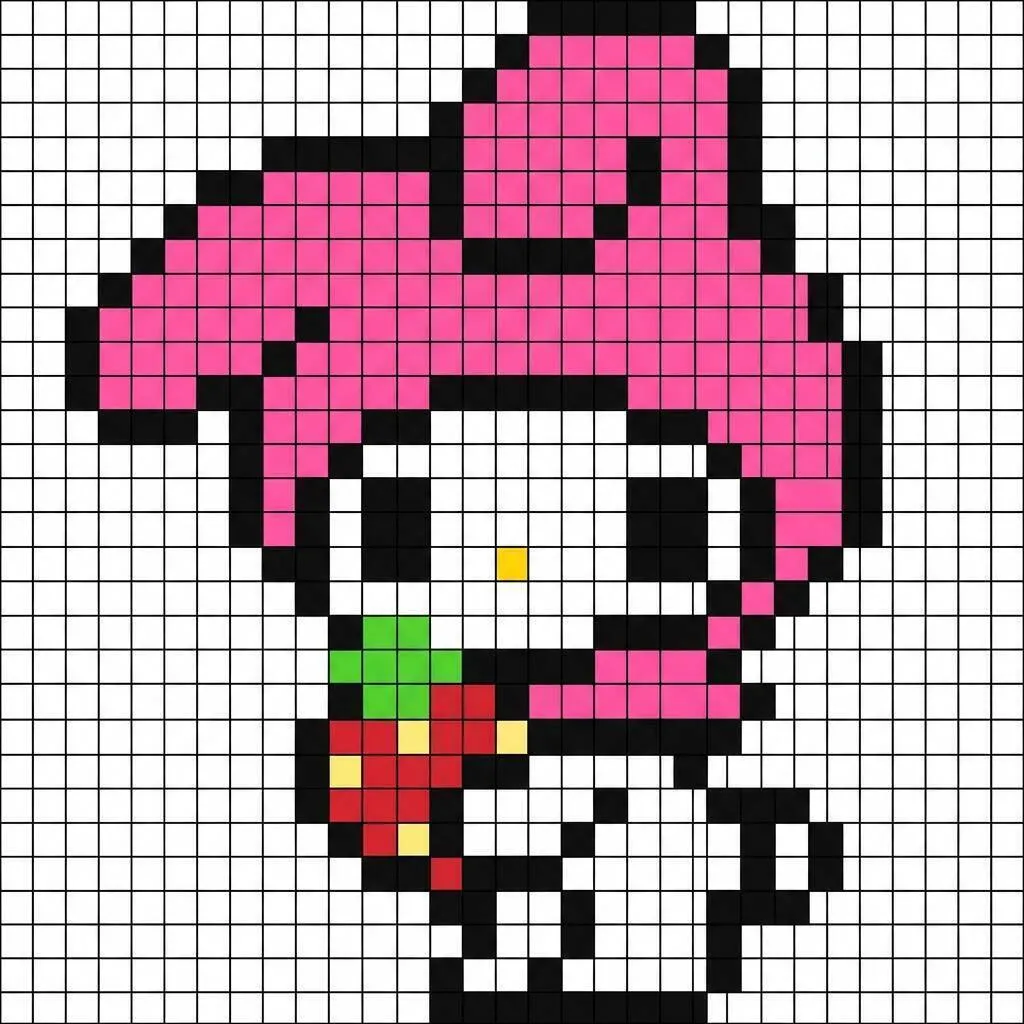 Pixelkunst von Hallo Kitty mit Blume auf dem Kopf