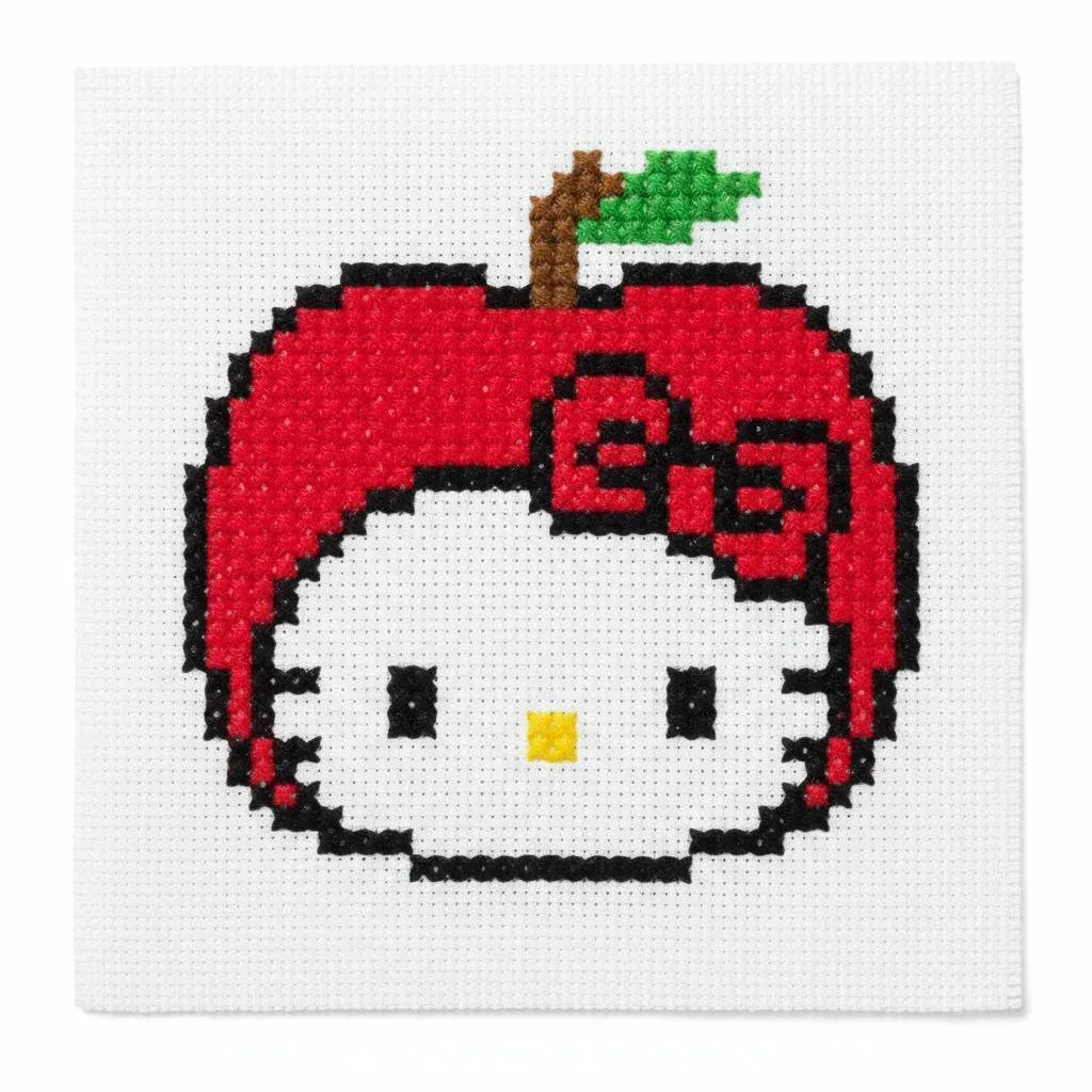 Pixelkunst von Hallo Kitty mit rotem Apfel und süßer Schleife
