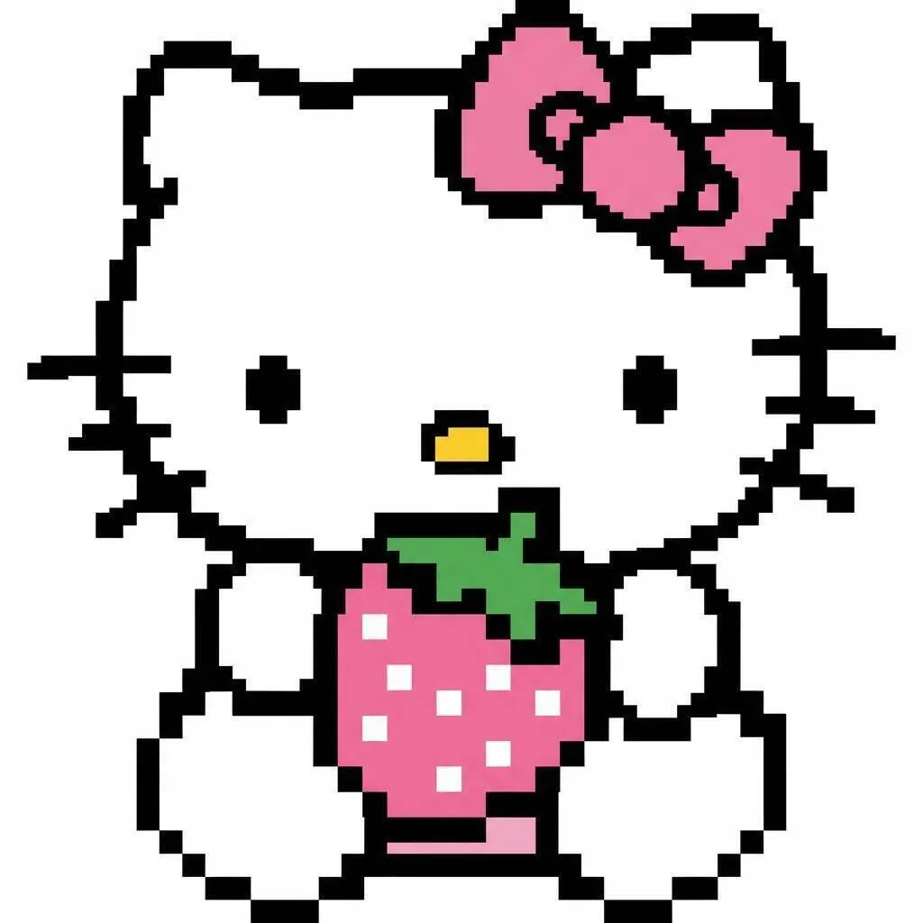 Pixelkunst von Hallo Kitty mit süßem Erdbeer-Shortcake