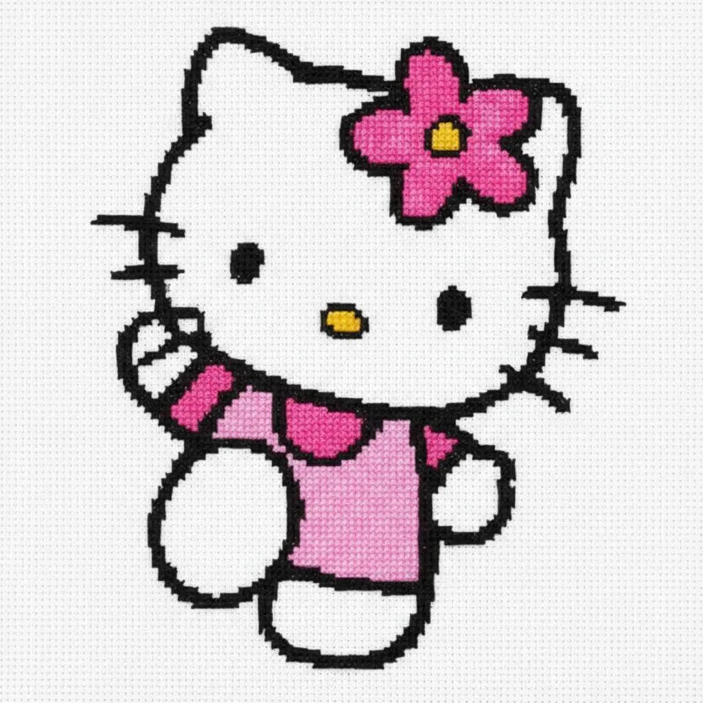 Pixelkunst von Hallo Kitty mit rosa Blume auf dem Kopf