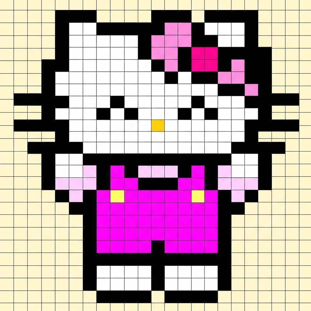Pixelkunst von Hallo Kitty mit Zeichnung von Pink Kitty im Overall