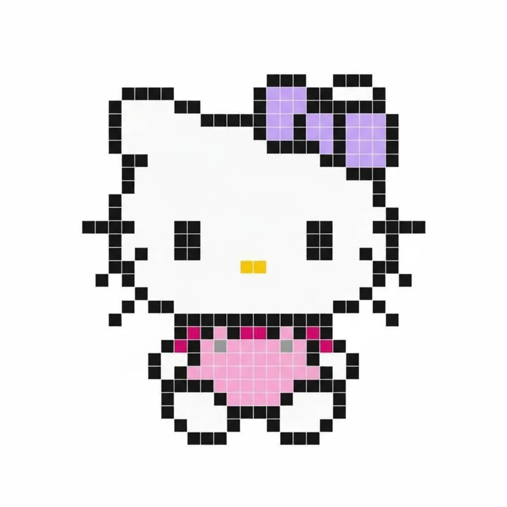 Pixelkunst von Hallo Kitty mit lila Schleife