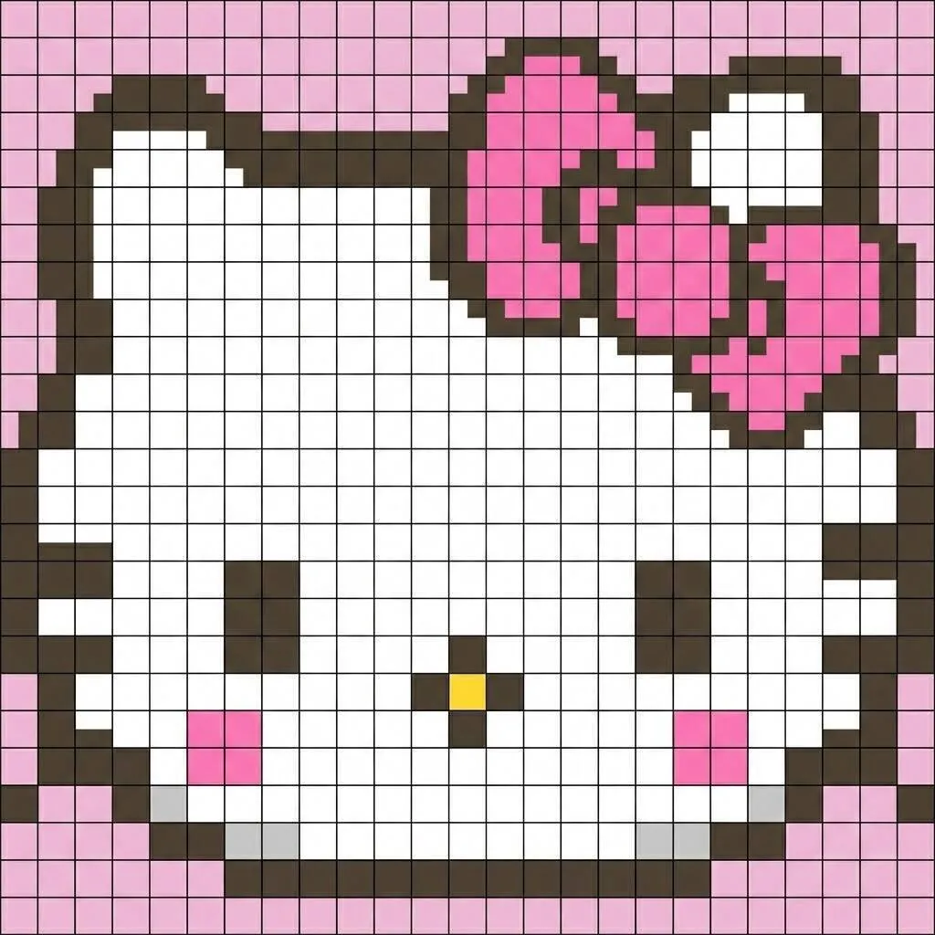 Pixel Art de hola gatito con adorable lazo rosa