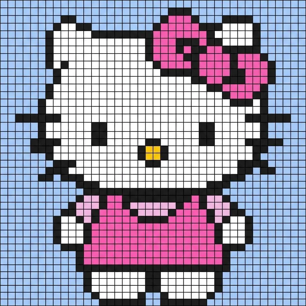 hola gatito Pixel Art con adorable dibujo de vestido rosa