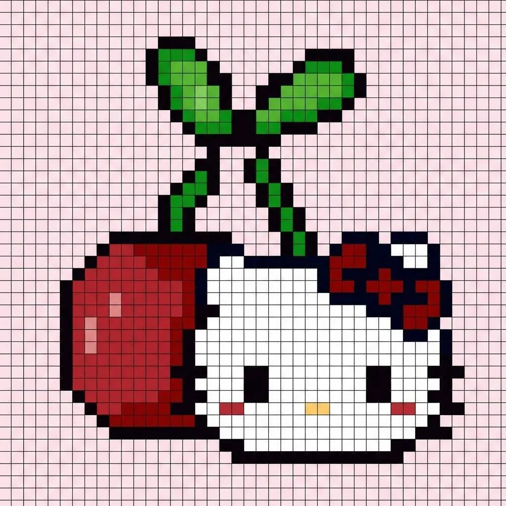 hola gatito Pixel Art con linda cereza