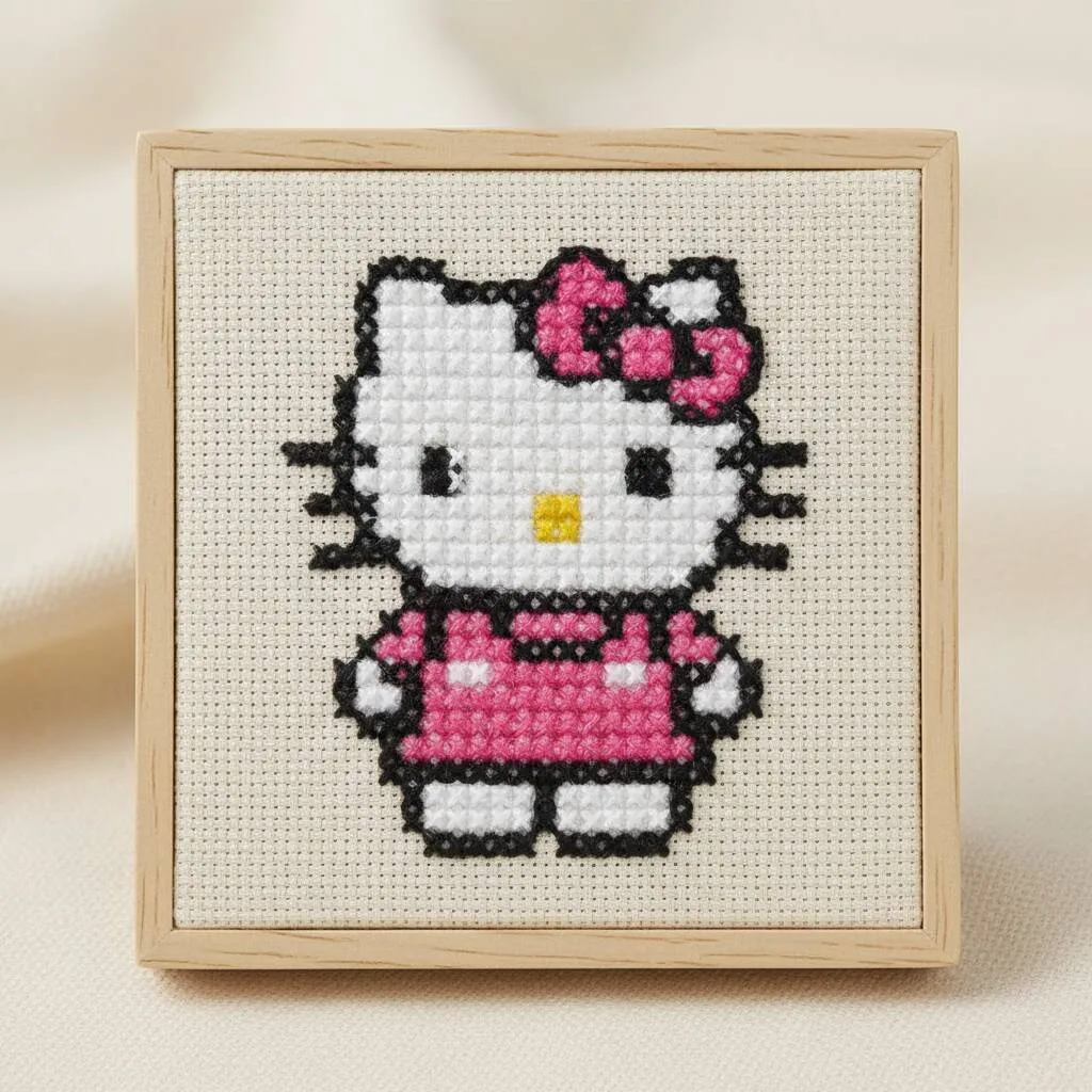 Pixel Art de hola gatito con adorable lazo rosa