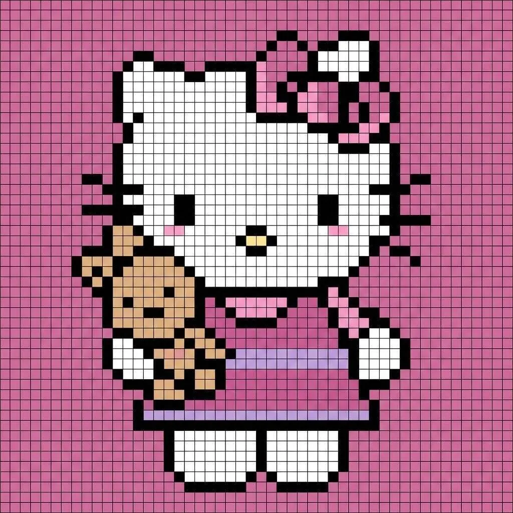 Pixel Art da Hello Kitty com Ursinho Fofo