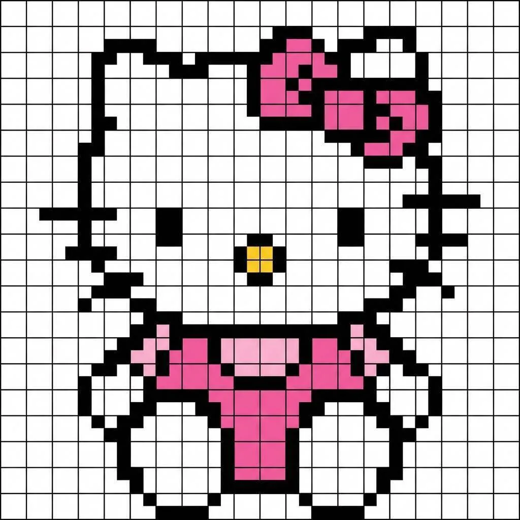 Pixel Art da Hello Kitty com Desenho Adorável de Vestido Rosa