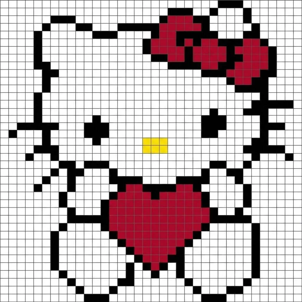 Pixel Art da Hello Kitty com Desenho de Coração Vermelho