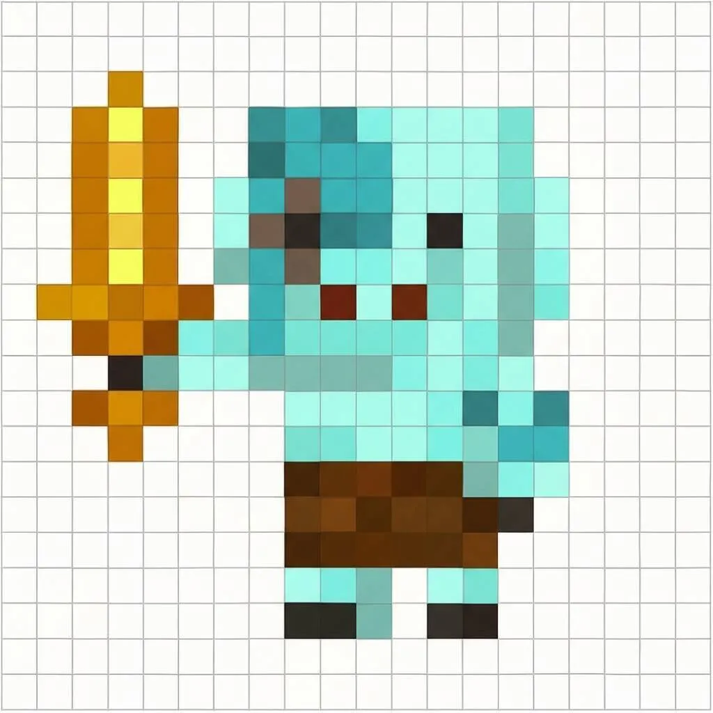 Pixel Art de Minecraft com desenho de personagem segurando espada