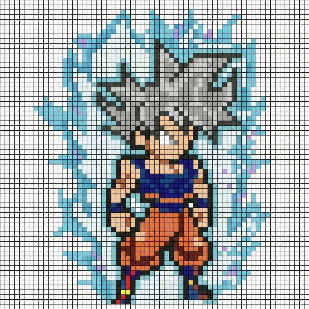 Pixel Art de Goku avec un design Ultra Instinct