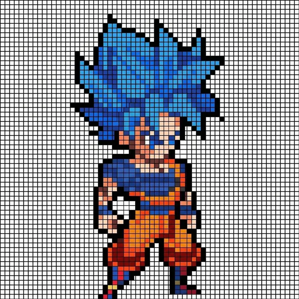 Pixel Art de Goku avec un design Super Saiyan Blue