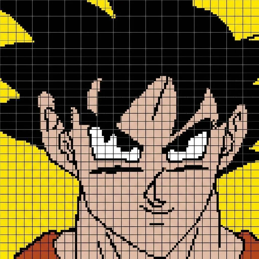 Pixel Art de Goku avec un design de personnage souriant