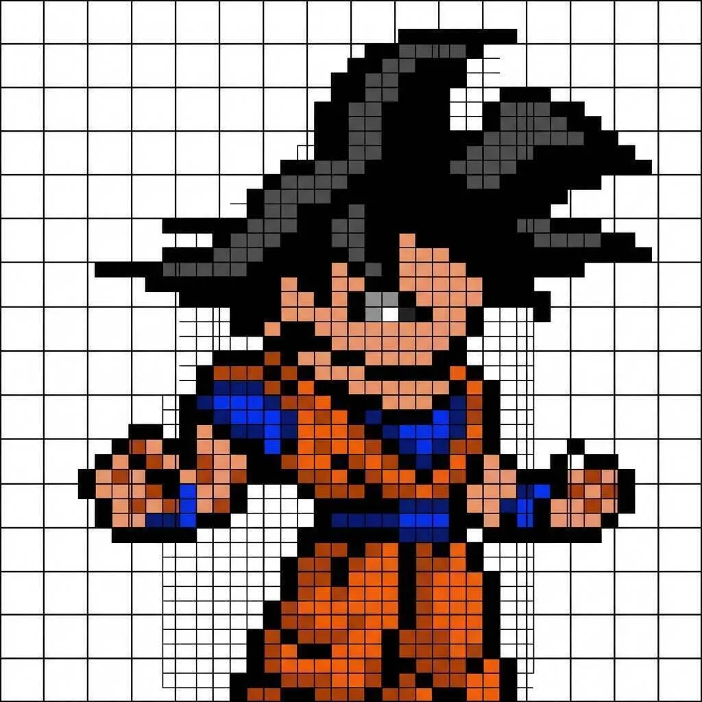 Pixel Art de Goku avec un design de personnage de combat