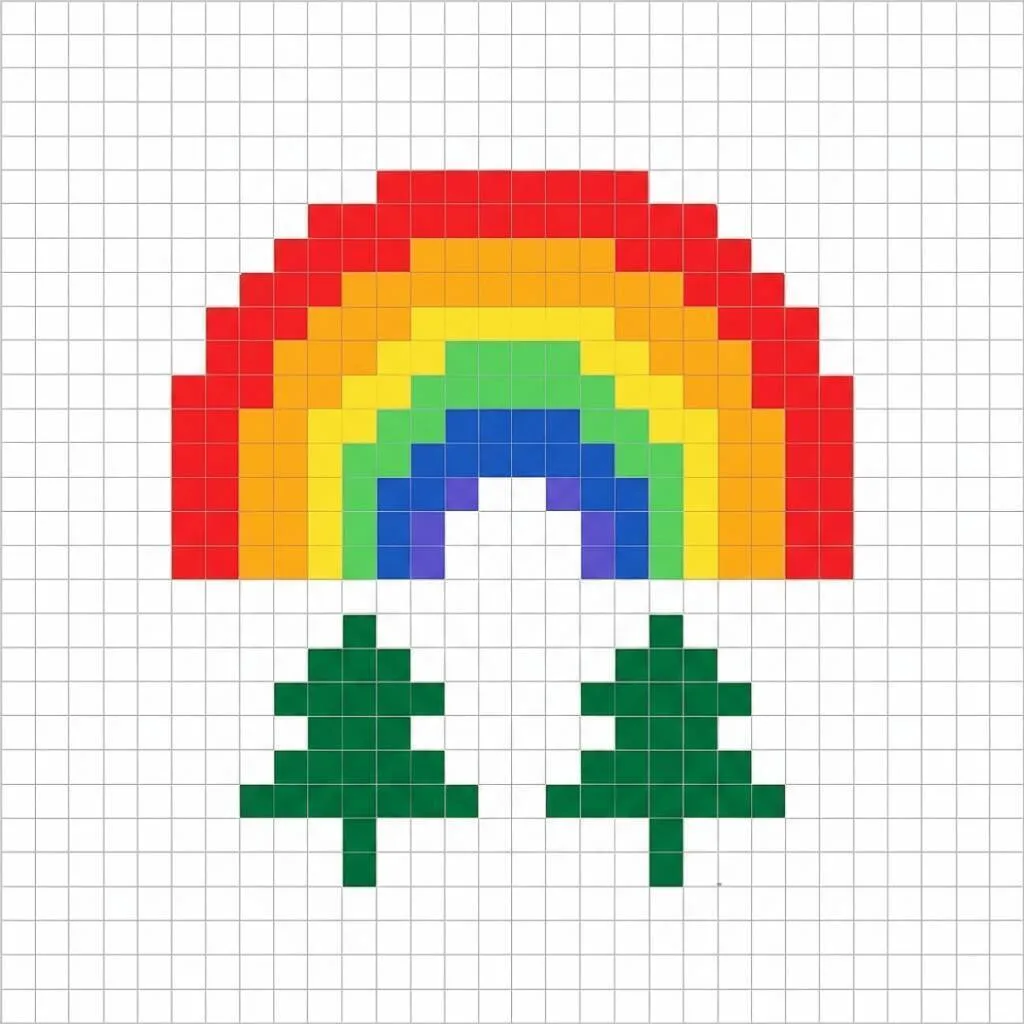 Pixel Art Fácil com desenho de Arco Íris e Árvores