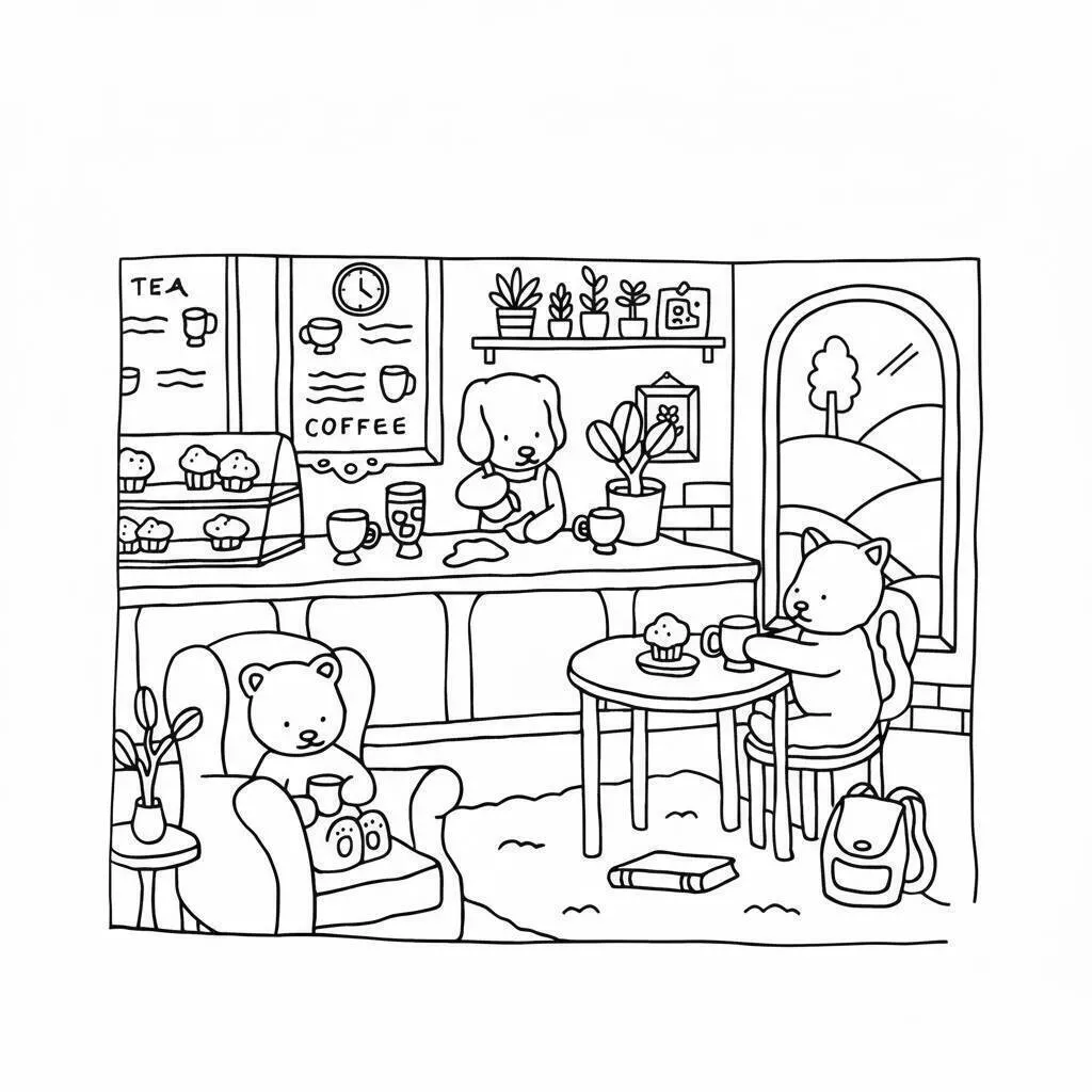 Ausmalbild: Bobbie Goods beim Kaffeetrinken mit Freunden