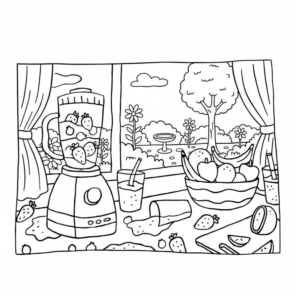 Bobbie Goods in der Küche mit Mixer und Obst-Ausmalbild