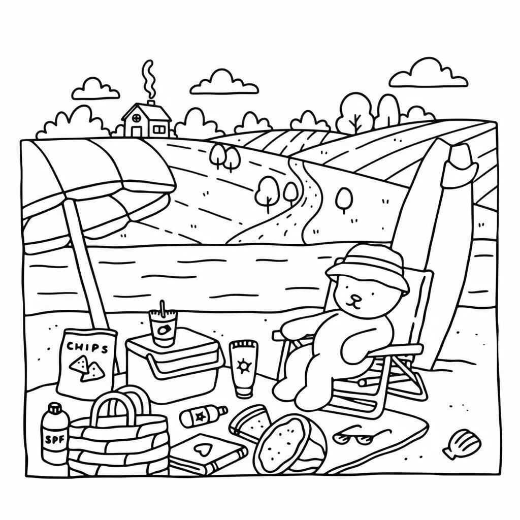 Bobbie Goods Relaxing on the Beach with Snacks Coloring Page