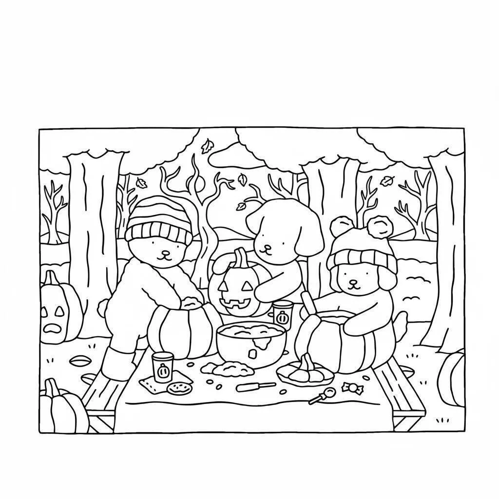 Desenho de Bobbie Goods Decorando Abóboras com Amigos para Colorir