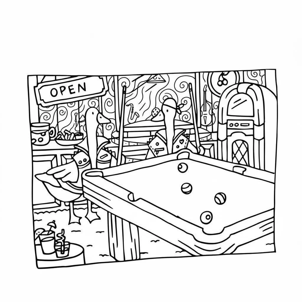 Desenho de Bobbie Goods Jogando Sinuca em um Bar Aconchegante para Colorir