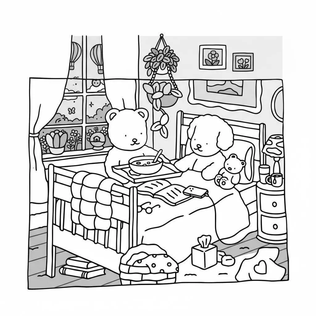 Desenho de Bobbie Goods com Urso e Cachorrinho na Cama para Colorir