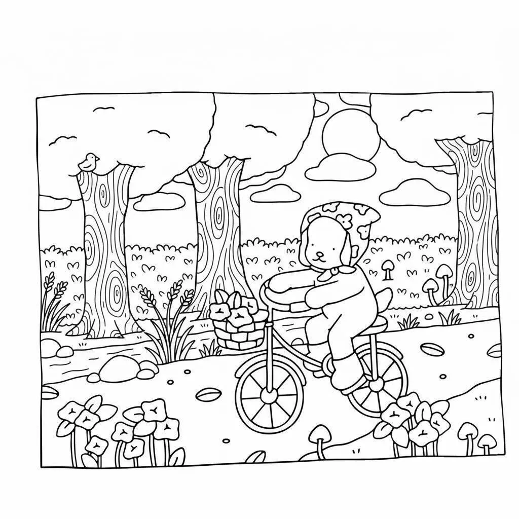 Desenho de Bobbie Goods Andando de Bicicleta com Flores para Colorir